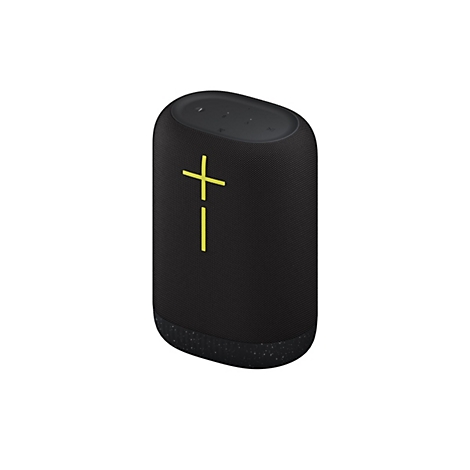 Haut-parleur noir de forme ovale avec un signe plus-moins jaune. Des commandes sont situées en haut.
