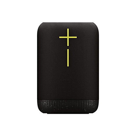 Haut-parleur noir avec des signes plus et moins jaunes. Partie inférieure avec un motif moucheté.