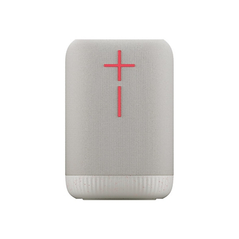 Enceinte Bluetooth gris clair avec symbole de croix rouge. Partie inférieure avec des mouchetures rose clair, forme arrondie.