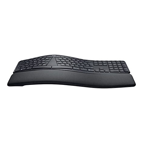 Un clavier noir ergonomique avec repose-poignets sur fond blanc.