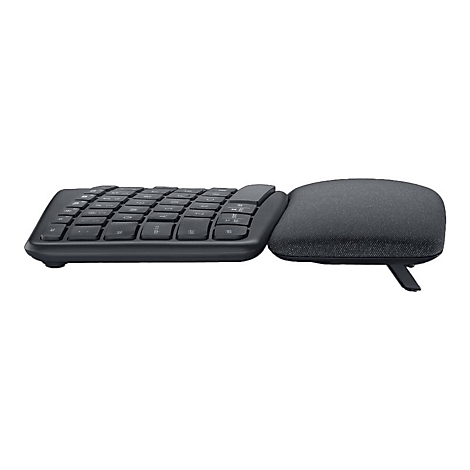 Clavier ergonomique noir avec repose-poignets sur fond blanc.