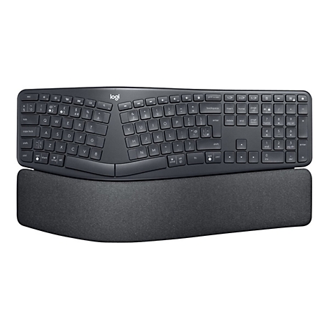 Clavier ergonomique noir avec repose-poignets. Le logo est placÃ© en haut Ã  gauche.