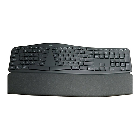 Clavier ergonomique noir avec repose-poignets. Les touches sont clairement visibles. Le nom de la marque Logitech est visible sur le boÃ®tier.