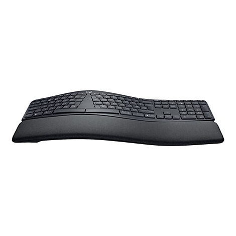 Clavier noir ergonomique avec repose-poignets, disposition incurvÃ©e des touches.