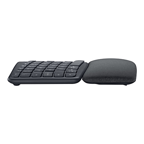 Clavier ergonomique gris avec repose-poignets intÃ©grÃ©, sur fond blanc.
