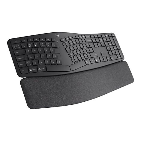 Clavier ergonomique noir avec repose-poignets. Le logo Logitech est visible en haut Ã  gauche.
