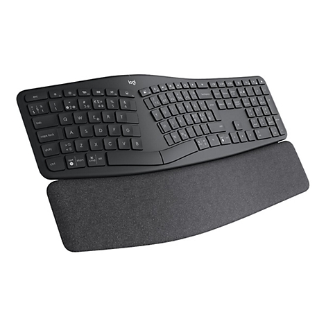 Schwarze, ergonomische Tastatur mit Handballenauflage. Das Logitech-Logo ist oben links.