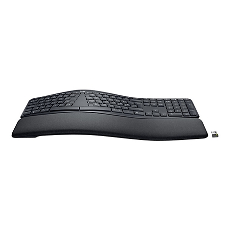 Ergonomische Tastatur mit geschwungener Form, Handauflage und Funk-EmpfÃ¤nger. Tasten in Schwarz.