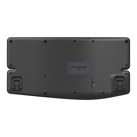 Schwarze Tastatur von unten, mit Batterieabdeckung und AufstellfÃ¼ÃŸen.