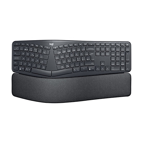 Ergonomische Tastatur mit Handgelenkauflage, anthrazitfarben auf weiÃŸem Hintergrund.