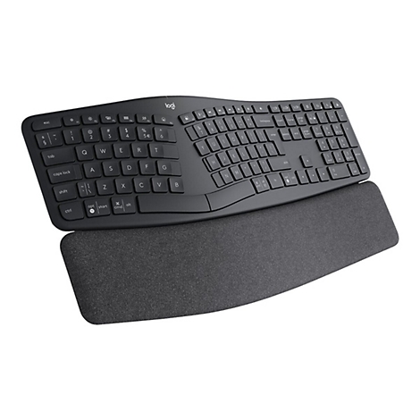 Schwarze, ergonomische Tastatur mit Handgelenkauflage. Buchstaben und Logos sind zu erkennen.