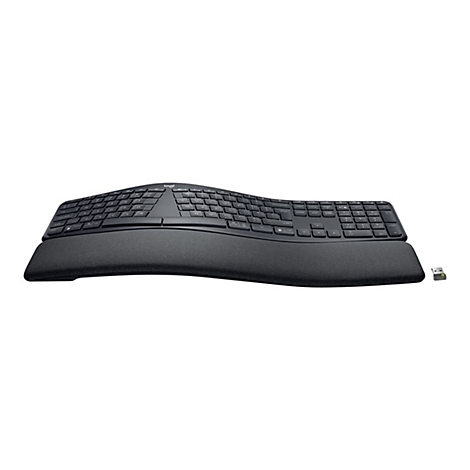 Schwarze, ergonomische Tastatur mit Handgelenkauflage und USB-EmpfÃ¤nger auf weiÃŸem Hintergrund.