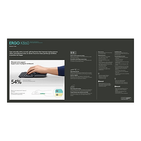 Ein ergonomisches, geteiltes Keyboard, das auf einem weißen Hintergrund abgebildet ist. Das Keyboard ist schwarz mit einer gepolsterten Handgelenkauflage, die ebenfalls schwarz ist. Auf der rechten Seite sind Produktinformationen aufgeführt.