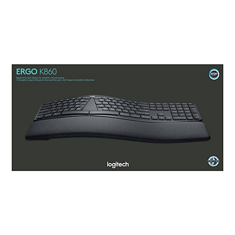 Ergonomische, geteilte Tastatur in Schwarz mit Handgelenkauflage, vor dunklem Hintergrund. Text: ERGO K860.