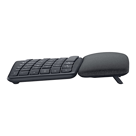 Ergonomische Tastatur in Schwarz mit Handballenauflage auf weißem Hintergrund.