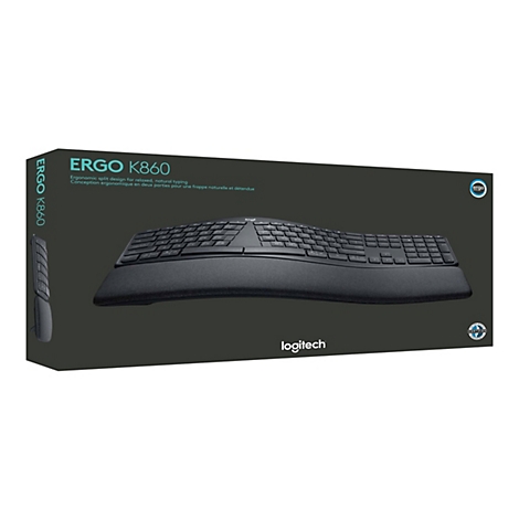 Schwarze ergonomische Tastatur auf einer Verpackung. Text auf der Verpackung: ERGO K860, logitech. Zertifizierungslogos.