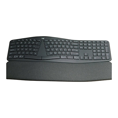 Schwarze, ergonomische Tastatur mit Handauflage, isoliert auf weißem Hintergrund. Mit Logi-Logo.