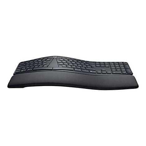 Ergonomische Tastatur, schwarz, mit Handballenauflage. Auf der Tastatur ist das Logo „logi“ zu sehen.
