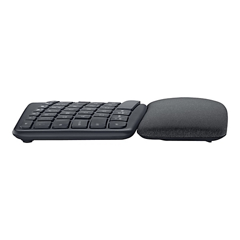 Ergonomische Tastatur, dunkelgrau, mit Handauflage. Ansicht von der Seite auf weiÃŸem Hintergrund.