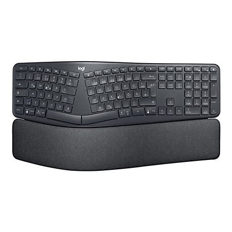 Ergonomische Tastatur mit HandgelenkstÃ¼tze. Dunkelgraue Tastatur, geschwungene Form. HandgelenkstÃ¼tze aus Stoff.