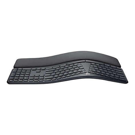 Ergonomische Tastatur mit Handgelenkauflage, gebogen, schwarz.