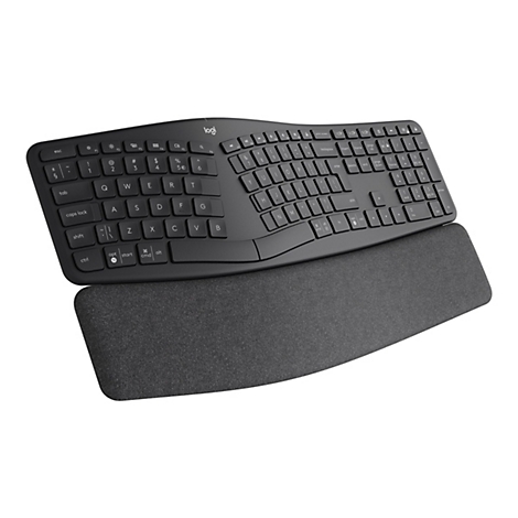 Ergonomische schwarze Tastatur mit Handgelenkauflage. Das Logitech-Logo ist oben.