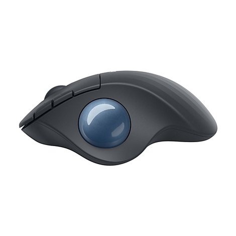 Drahtlose ergonomische Trackball-Maus in Grau mit blauer Kugel. Rechts davon befindet sich eine Mulde für den Daumen und Tasten.