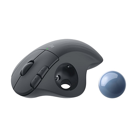 Drahtlose ergonomische Maus mit Trackball, grau. Blaue Kugel rechts. Logo oben.