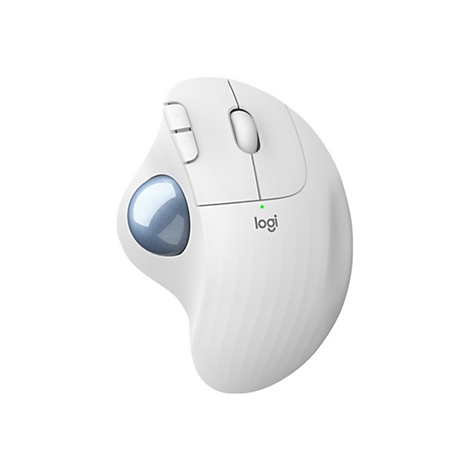 Weisse ergonomische Maus mit Trackball, Scrollrad und zwei zusätzlichen Tasten.