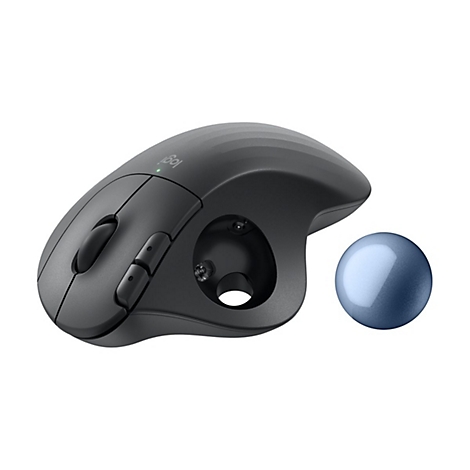 Drahtlose Maus in Anthrazit mit blauer Kugel zur Bedienung, Logo von Logitech.