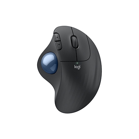 Ergonomische Maus mit blauer Kugel und schwarzem Gehäuse, Marke Logi.