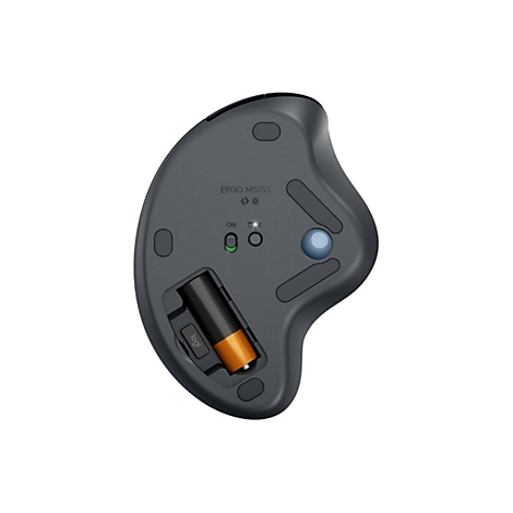 Draufsicht auf eine ergonomische Maus. Der graue Korpus hat eine runde Form. Aufschrift: Ergo M575S. Eine AA-Batterie ist eingesetzt.