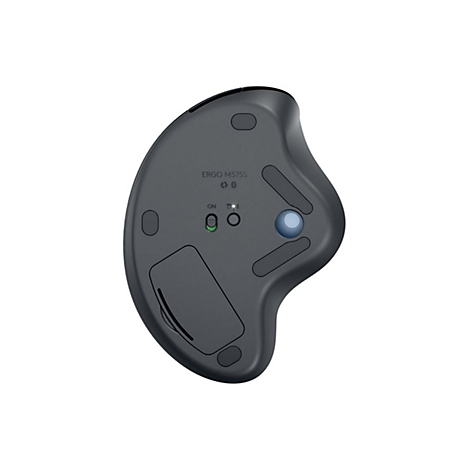 Draufsicht auf eine ergonomische Maus in Dunkelgrau mit blauer Trackball-Kugel. Auf der Oberfläche ist "ERGO M575S" zu lesen.