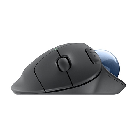 Drahtlose Trackball-Maus in Dunkelgrau mit blauer Kugel und weißen Hintergrund. Die Maus hat ergonomische Form, Tasten und ein Scrollrad.