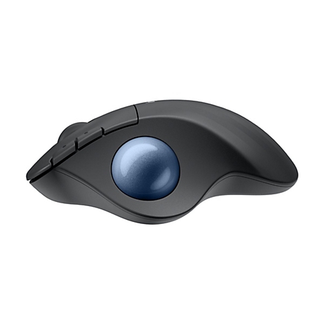 Schwarze Trackball-Maus mit blauer Kugel. Das Design ist ergonomisch.