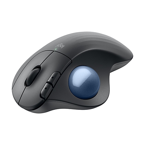 Drahtlose ergonomische Maus mit blauer Trackball-Kugel.