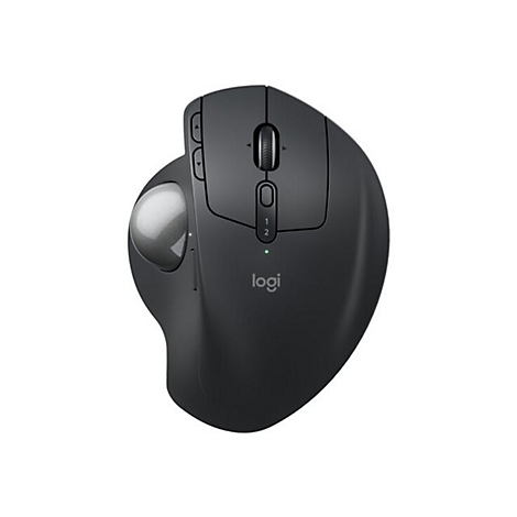 Drahtlose ergonomische Maus in Schwarz mit Trackball. Logo Logitech, Knöpfe, Scrollrad.