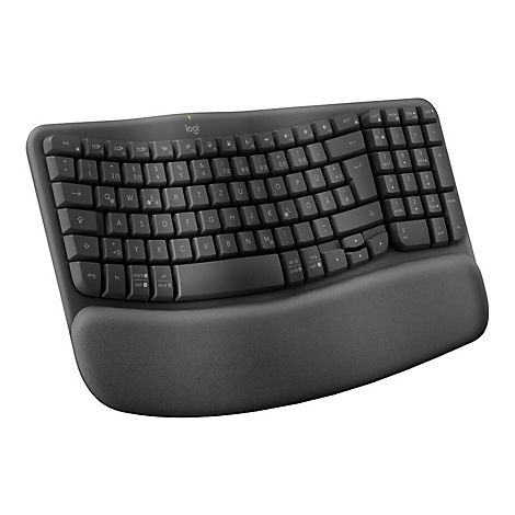 Schwarze ergonomische Tastatur mit Handgelenkauflage. Die Tasten sind beschriftet. Im oberen Bereich das Logo.