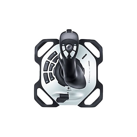 Ein schwarzer Joystick mit weißen Knöpfen auf silbernem Grund, umrandet von einer schwarzen Halterung. Aufschrift: Extreme 3D Pro.