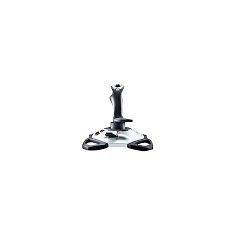 Ein Joystick, grau-schwarz, auf weiÃŸem Hintergrund. Er hat einen Griff, KnÃ¶pfe und einen breiten StandfuÃŸ.
