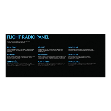Conception infographique basée sur du texte. Un champ de texte bleu avec les mots "FLIGHT RADIO PANEL" est affiché sur un fond noir. Ci-dessous, trois sections mettent en évidence les caractéristiques de la console radio en temps réel, l'ajustement et ...