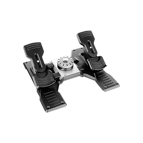 Schwarze Flugsimulations-Pedale. Zwei Pedale sind an einem silberfarbenen Mittelstück befestigt.