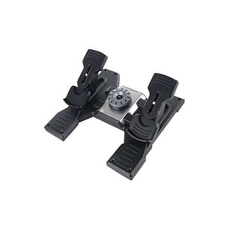 Pédales de simulation de vol noires avec repose-pieds et cadran central sur fond blanc.