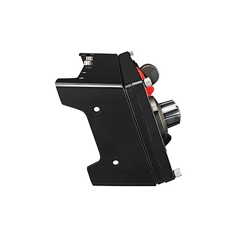 Schwarzes Bedienpult für Flugzeuge mit Knöpfen und einem Drehregler, seitlich fotografiert.