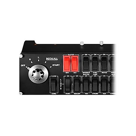 Panneau de commande noir avec interrupteurs et boutons. Interrupteurs rouges pour maître et alt, interrupteurs à bascule noirs pour diverses fonctions. Bouton rotatif à gauche.