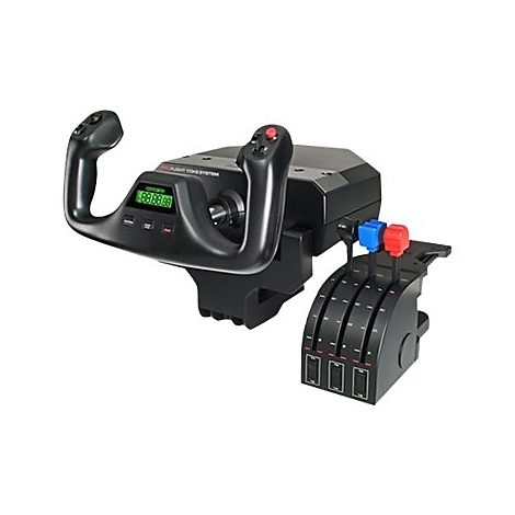 Ein schwarzes Flugsimulations-Steuergerät mit Gashebeln und einer Anzeige.