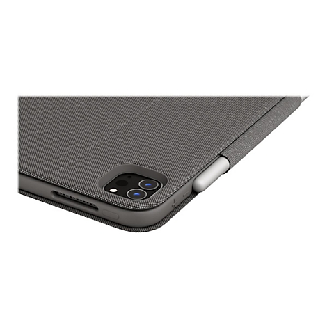 Detailaufnahme einer grauen Tablet-Hülle mit eingebettetem Stifthalter, in dem ein weißer Stift steckt.