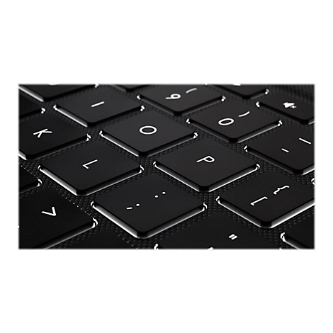 Nahaufnahme einer schwarzen Laptop-Tastatur, Buchstaben und Symbole sind weiß hervorgehoben.