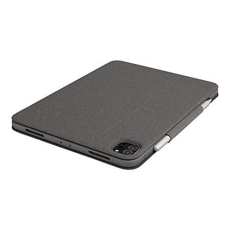 Dunkelgraue Tablet-Hülle mit einem Apple Pencil. Die Hülle ist aus Textil gefertigt.