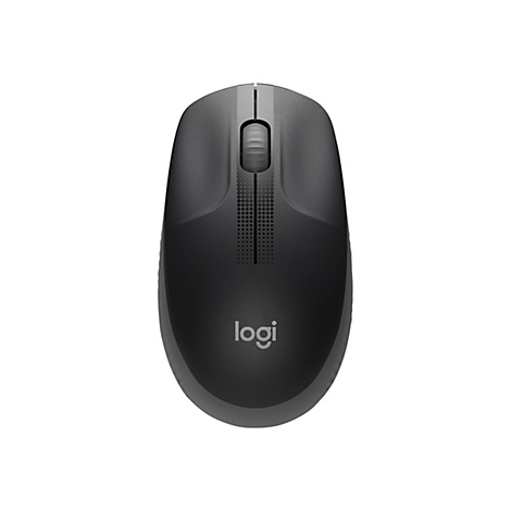 Souris noire sans fil avec molette de défilement et logo Logitech.